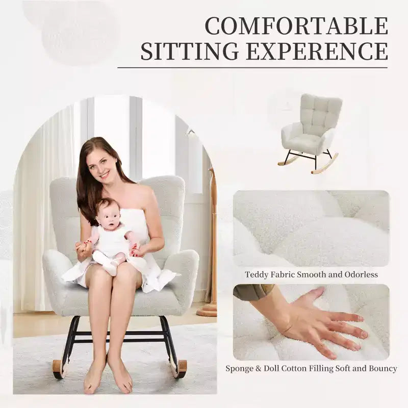 Nursing Glider Rocking Chair Teddy Upholstered High-Back Recliner with Side Pockets, Modern Accent Chair for Nursery, Bedroom & Living Room