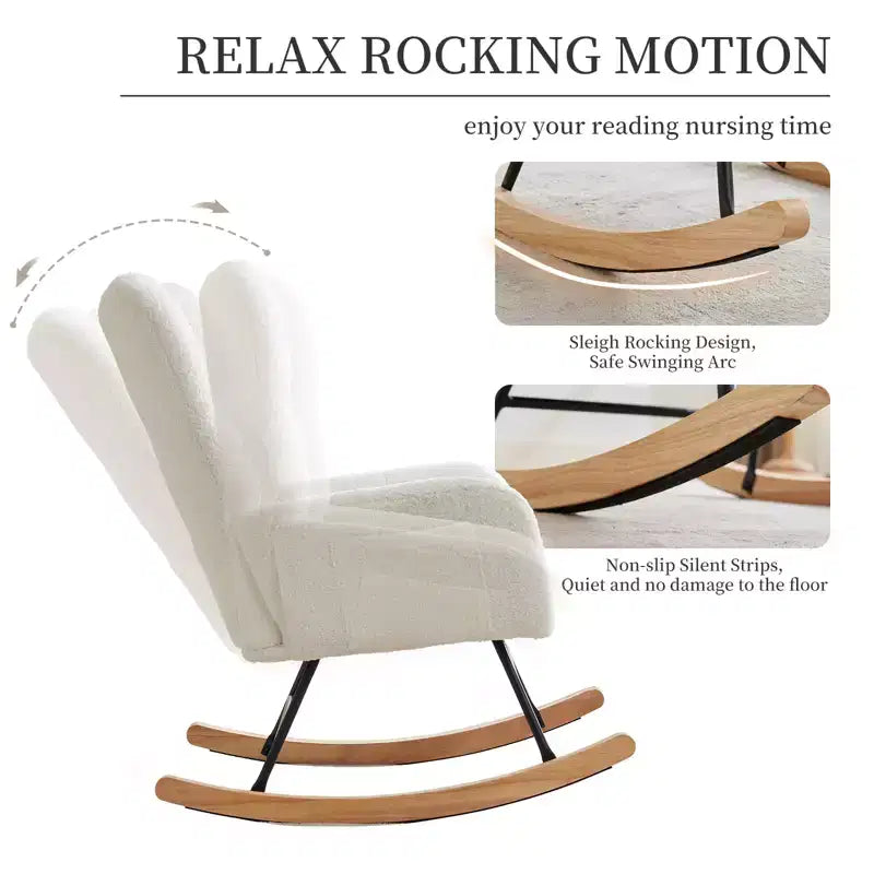Nursing Glider Rocking Chair Teddy Upholstered High-Back Recliner with Side Pockets, Modern Accent Chair for Nursery, Bedroom & Living Room