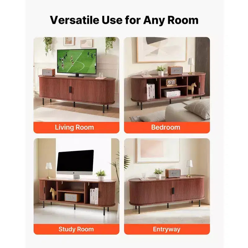 TV Stand for 58 in TV with Rolling Shutter Door Adjustable Shelves Boho Style Brown