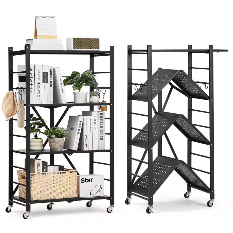 VEVOR 4-Tier Foldable Storage Shelf, 26W x 13D x 46H Inch Folding Metal Rack Shelving Unit, No Assembly Organizer Shelf with 5 Wheels & 4 Hooks,Black