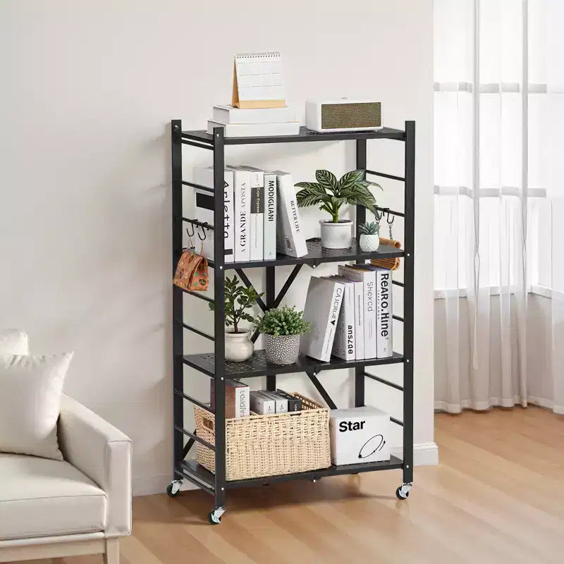 VEVOR 4-Tier Foldable Storage Shelf, 26W x 13D x 46H Inch Folding Metal Rack Shelving Unit, No Assembly Organizer Shelf with 5 Wheels & 4 Hooks,Black
