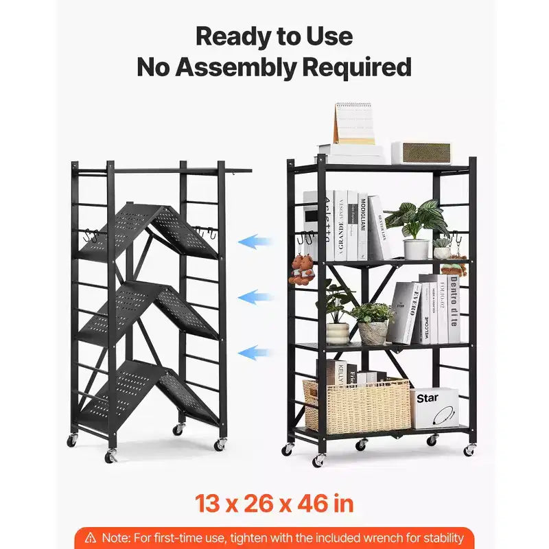 VEVOR 4-Tier Foldable Storage Shelf, 26W x 13D x 46H Inch Folding Metal Rack Shelving Unit, No Assembly Organizer Shelf with 5 Wheels & 4 Hooks,Black
