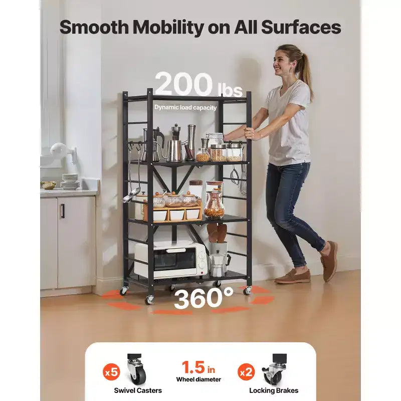 VEVOR 4-Tier Foldable Storage Shelf, 26W x 13D x 46H Inch Folding Metal Rack Shelving Unit, No Assembly Organizer Shelf with 5 Wheels & 4 Hooks,Black