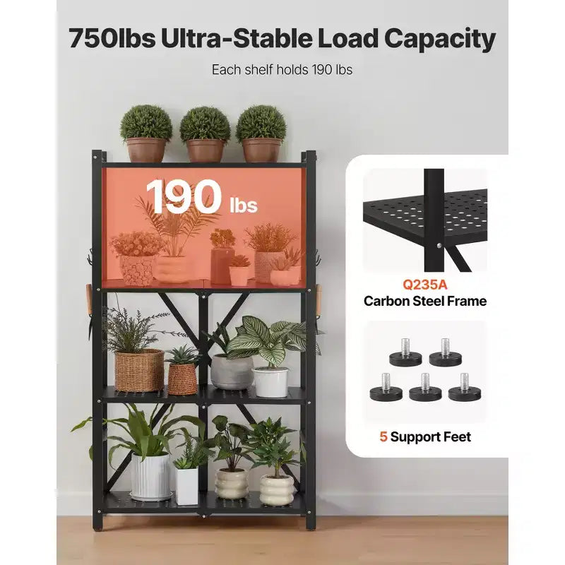 VEVOR 4-Tier Foldable Storage Shelf, 26W x 13D x 46H Inch Folding Metal Rack Shelving Unit, No Assembly Organizer Shelf with 5 Wheels & 4 Hooks,Black