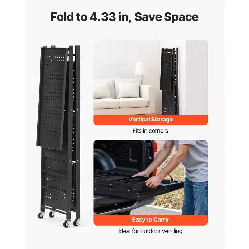 VEVOR 4-Tier Foldable Storage Shelf, 26W x 13D x 46H Inch Folding Metal Rack Shelving Unit, No Assembly Organizer Shelf with 5 Wheels & 4 Hooks,Black