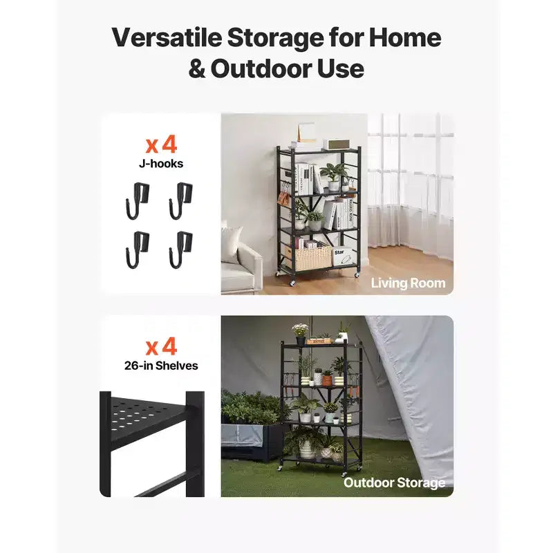 VEVOR 4-Tier Foldable Storage Shelf, 26W x 13D x 46H Inch Folding Metal Rack Shelving Unit, No Assembly Organizer Shelf with 5 Wheels & 4 Hooks,Black
