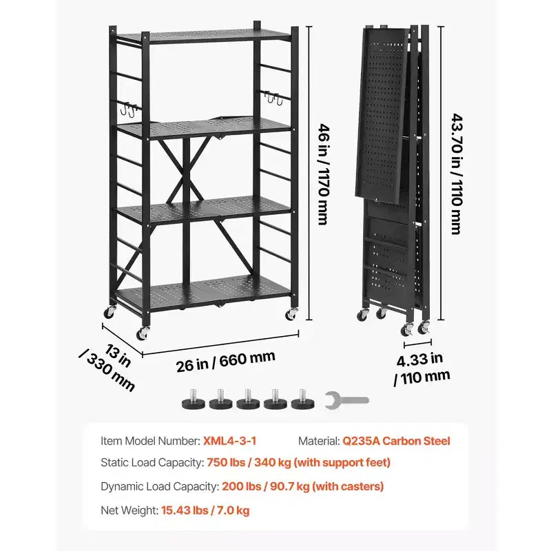 VEVOR 4-Tier Foldable Storage Shelf, 26W x 13D x 46H Inch Folding Metal Rack Shelving Unit, No Assembly Organizer Shelf with 5 Wheels & 4 Hooks,Black