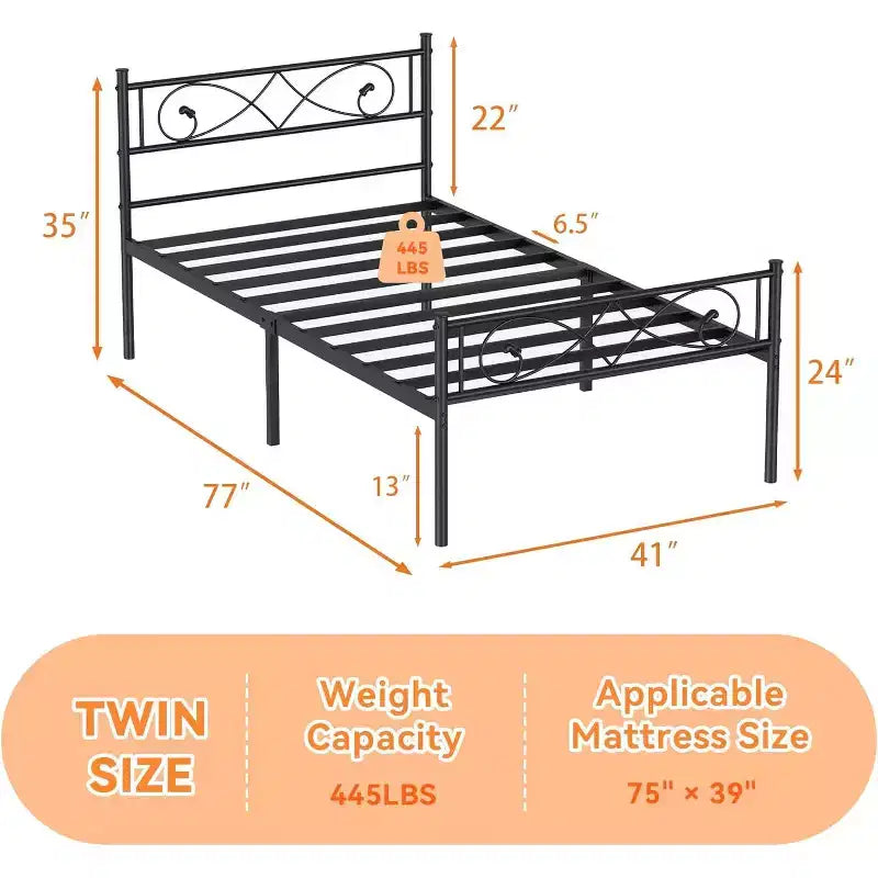 Twin Metal Platform Bed Frame with Headboard & Footboard, Underbed Storage, No Box Spring Needed, Easy Assembly, Black