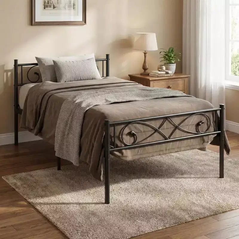 Twin Metal Platform Bed Frame with Headboard & Footboard, Underbed Storage, No Box Spring Needed, Easy Assembly, Black