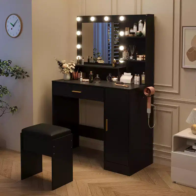 Makeup Vanity Desk with HD Mirror & 10 LED Bulbs, Charging Station, 3 Light Modes, Hairdryer Rack & Cushion Stool for Bedroom