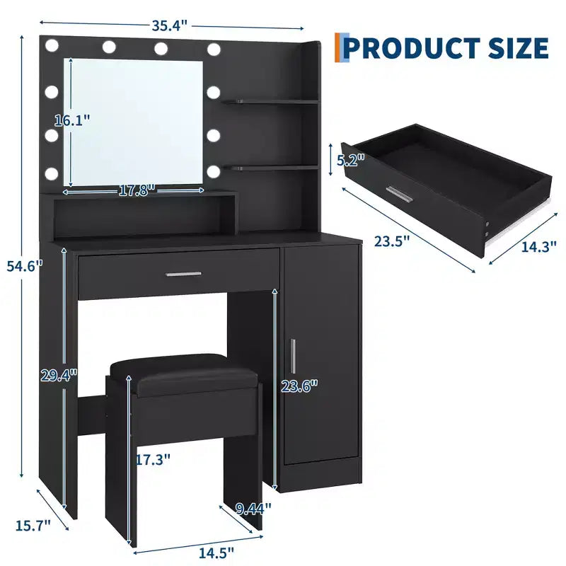 Makeup Vanity Desk with HD Mirror & 10 LED Bulbs, Charging Station, 3 Light Modes, Hairdryer Rack & Cushion Stool for Bedroom