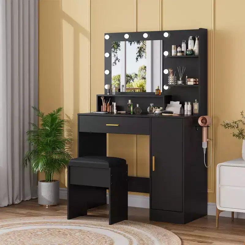 Makeup Vanity Desk with HD Mirror & 10 LED Bulbs, Charging Station, 3 Light Modes, Hairdryer Rack & Cushion Stool for Bedroom
