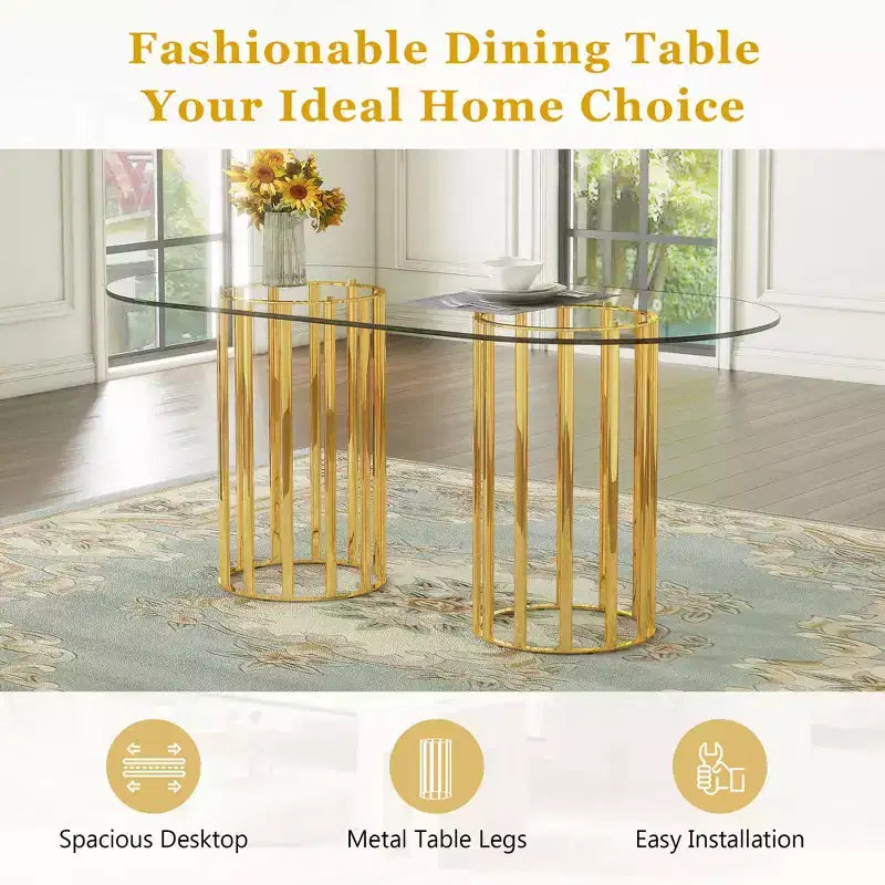 GDFStudio Brian Modern Oval Metal Tempered Glass Dining Table