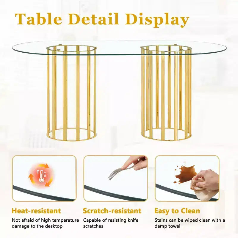 GDFStudio Brian Modern Oval Metal Tempered Glass Dining Table