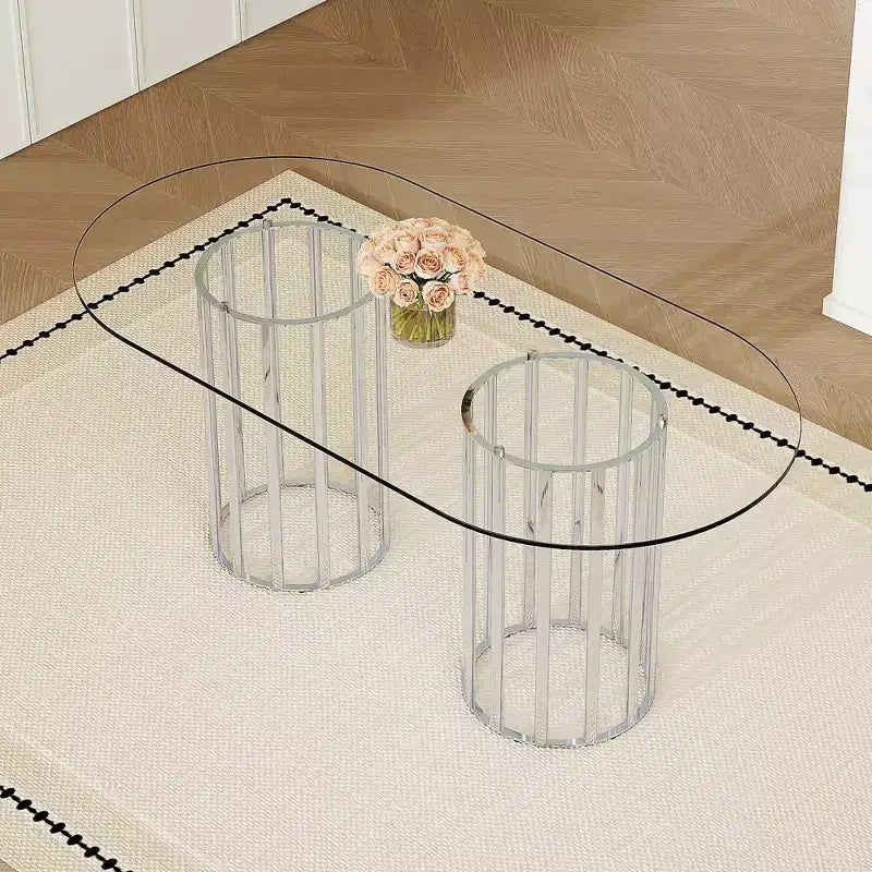 GDFStudio Brian Modern Oval Metal Tempered Glass Dining Table