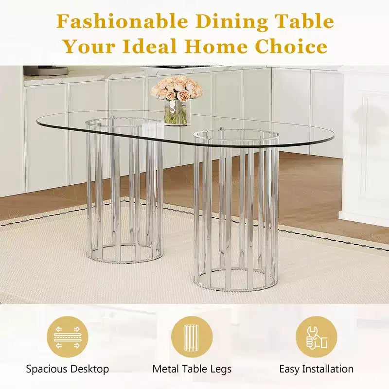 GDFStudio Brian Modern Oval Metal Tempered Glass Dining Table