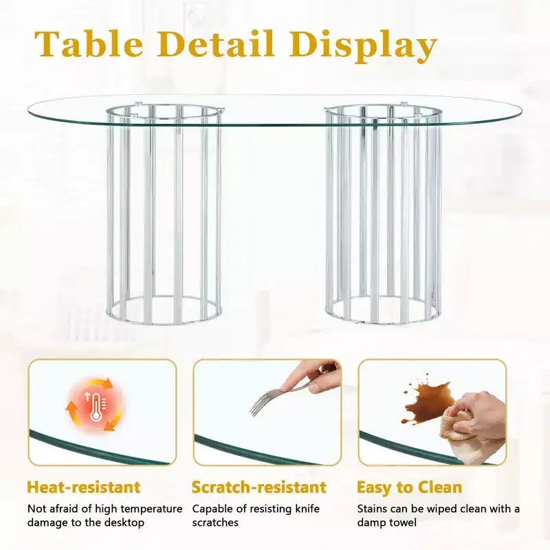 GDFStudio Brian Modern Oval Metal Tempered Glass Dining Table