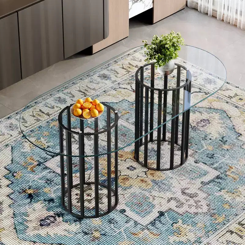 GDFStudio Brian Modern Oval Metal Tempered Glass Dining Table