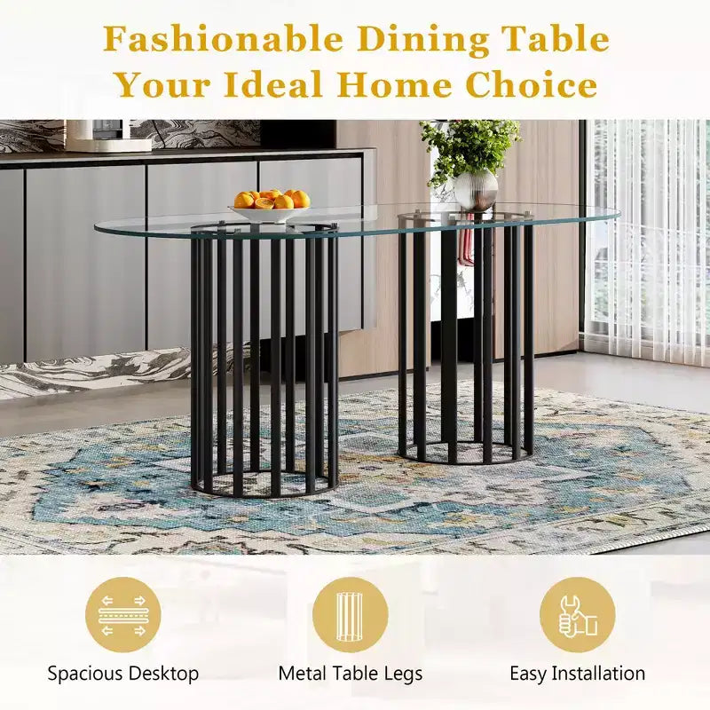 GDFStudio Brian Modern Oval Metal Tempered Glass Dining Table