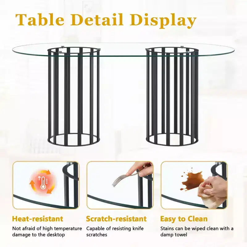 GDFStudio Brian Modern Oval Metal Tempered Glass Dining Table