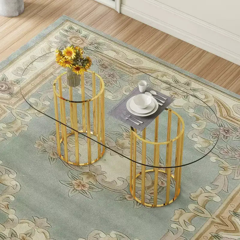 GDFStudio Brian Modern Oval Metal Tempered Glass Dining Table