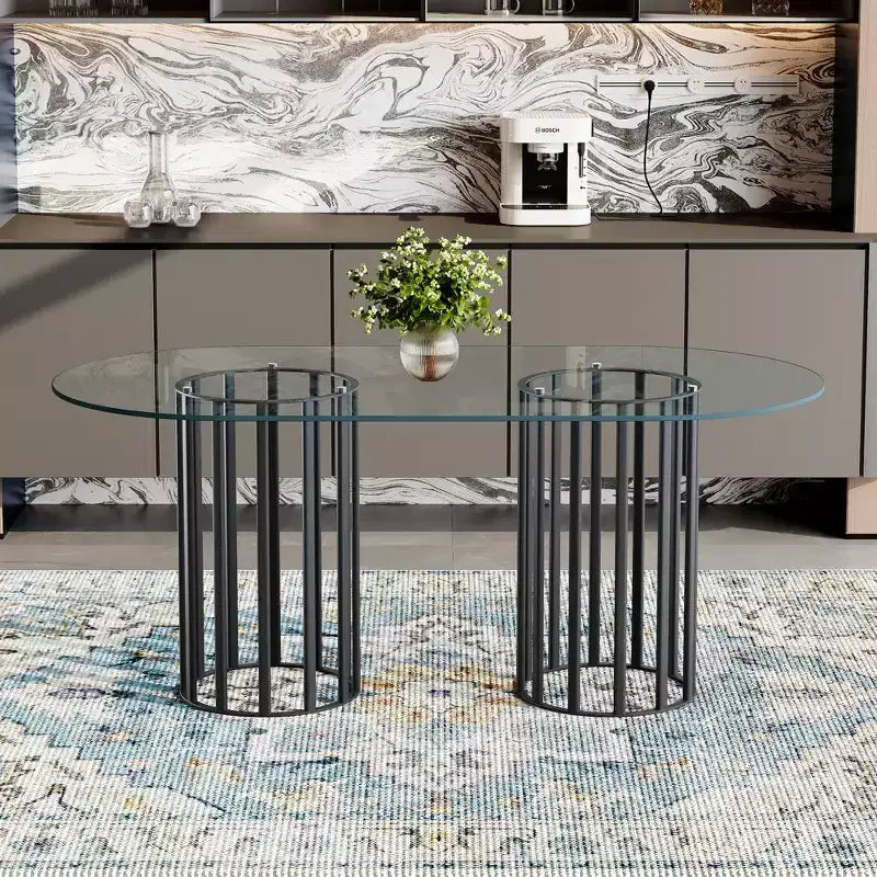 GDFStudio Brian Modern Oval Metal Tempered Glass Dining Table