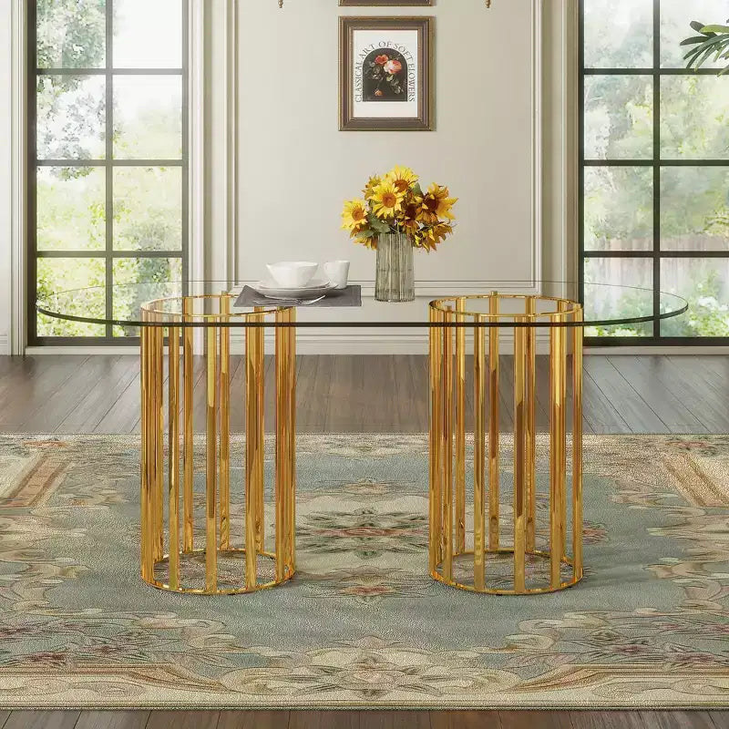 GDFStudio Brian Modern Oval Metal Tempered Glass Dining Table
