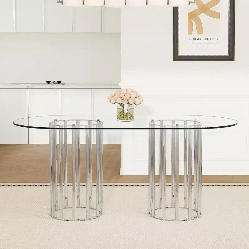 GDFStudio Brian Modern Oval Metal Tempered Glass Dining Table