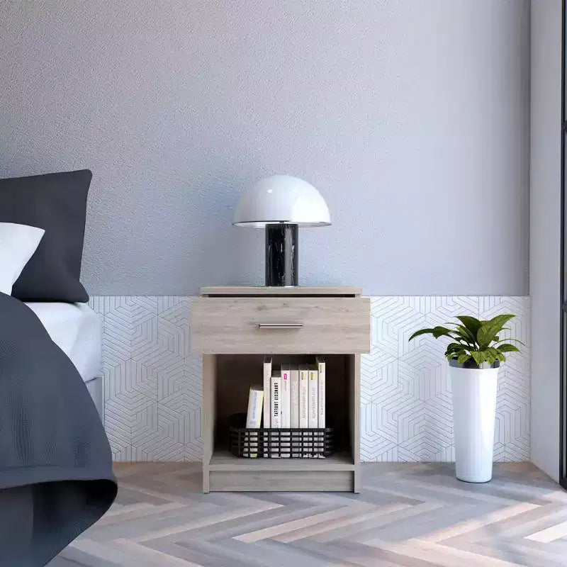 With a clean modern design, this Nightstand 21H, One Drawer, Low Shelf, Superior Top, Light Gray provides practical storage and a sturdy.