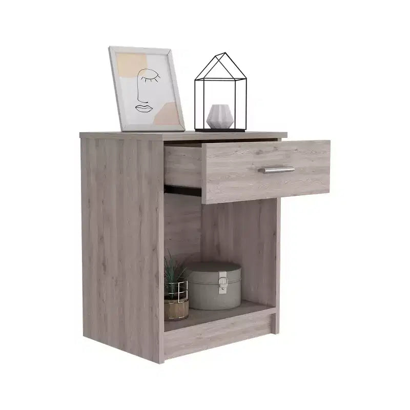 With a clean modern design, this Nightstand 21H, One Drawer, Low Shelf, Superior Top, Light Gray provides practical storage and a sturdy.