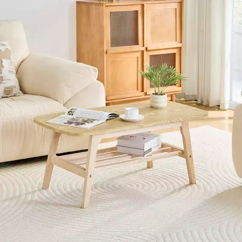 2-Tier Solid Wood Coffee Table, Large Storage Wooden Center Table for Living Room, Apartment, Office Use-Panipeachy