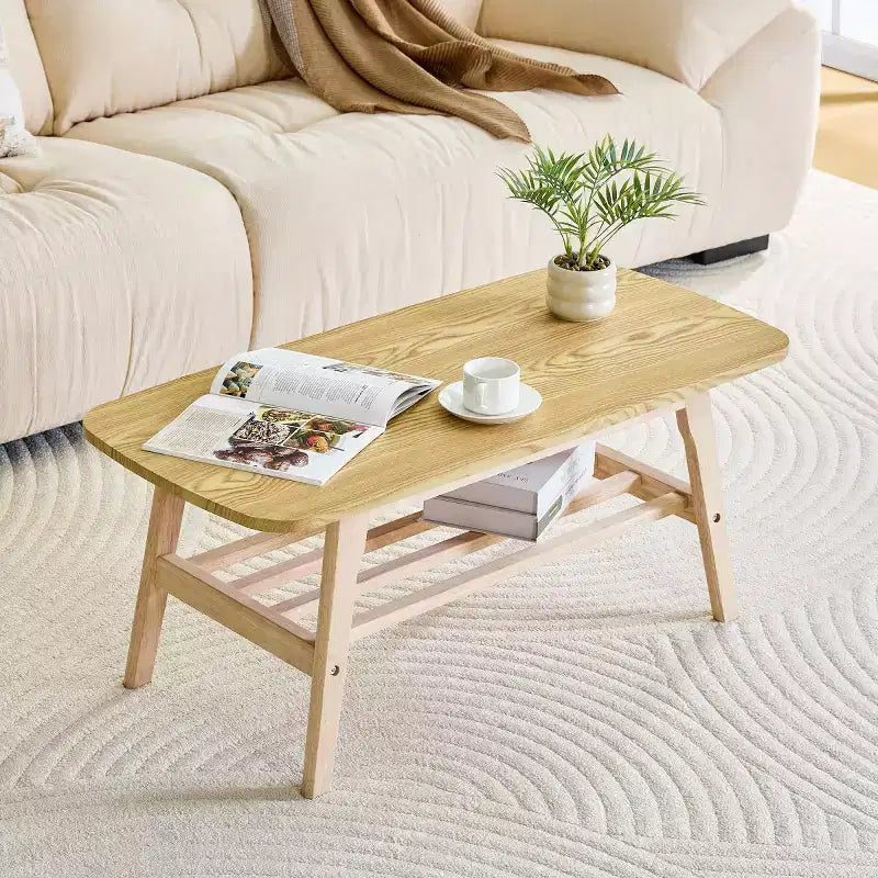 2-Tier Solid Wood Coffee Table, Large Storage Wooden Center Table for Living Room, Apartment, Office Use-Panipeachy