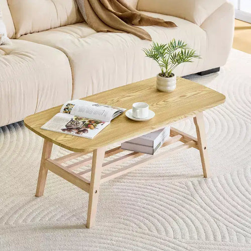 2-Tier Solid Wood Coffee Table, Large Storage Wooden Center Table for Living Room, Apartment, Office Use-Panipeachy