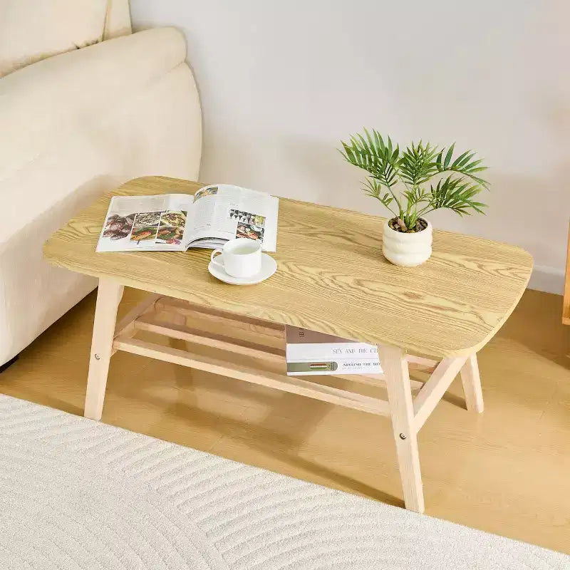 2-Tier Solid Wood Coffee Table, Large Storage Wooden Center Table for Living Room, Apartment, Office Use-Panipeachy