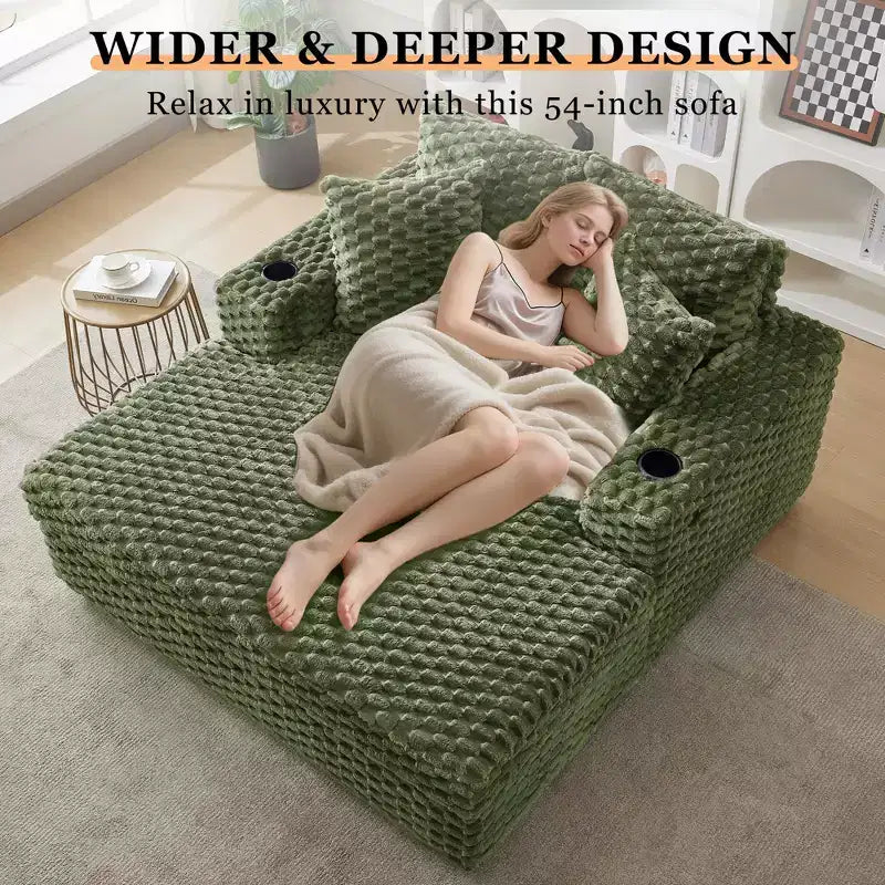 Oversized Chaise Lounge Chair, 60 Inch Upholstered Sofa Bed with Armrests and Throw Pillows, Cozy Reading Sleeper Chair for Living Room Bedroom