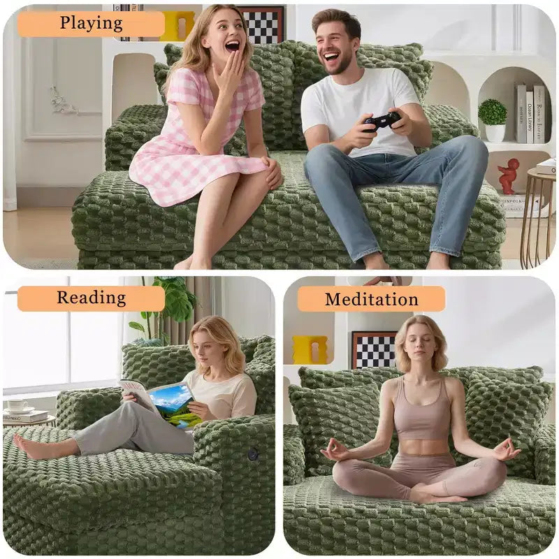 Oversized Chaise Lounge Chair, 60 Inch Upholstered Sofa Bed with Armrests and Throw Pillows, Cozy Reading Sleeper Chair for Living Room Bedroom