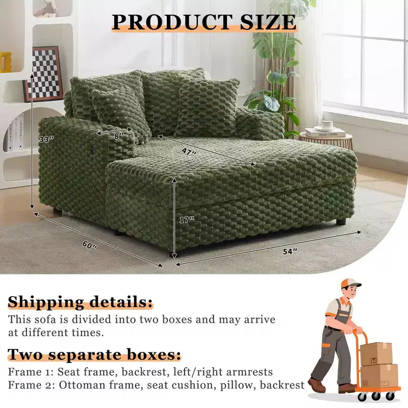 Oversized Chaise Lounge Chair, 60 Inch Upholstered Sofa Bed with Armrests and Throw Pillows, Cozy Reading Sleeper Chair for Living Room Bedroom
