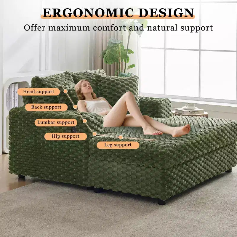 Oversized Chaise Lounge Chair, 60 Inch Upholstered Sofa Bed with Armrests and Throw Pillows, Cozy Reading Sleeper Chair for Living Room Bedroom