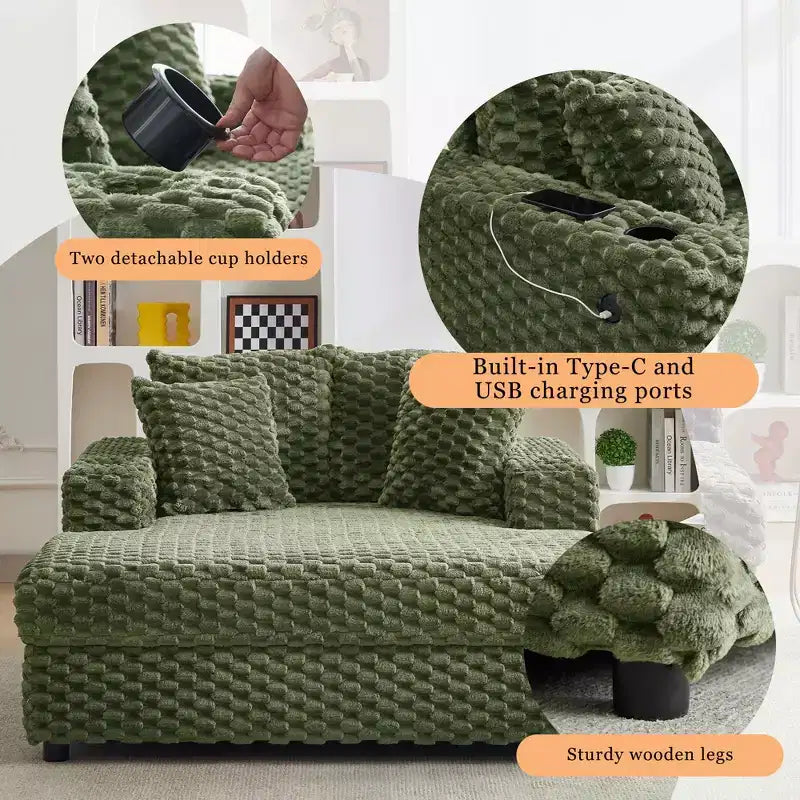 Oversized Chaise Lounge Chair, 60 Inch Upholstered Sofa Bed with Armrests and Throw Pillows, Cozy Reading Sleeper Chair for Living Room Bedroom