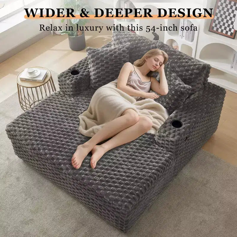 Oversized Chaise Lounge Chair, 60 Inch Upholstered Sofa Bed with Armrests and Throw Pillows, Cozy Reading Sleeper Chair for Living Room Bedroom