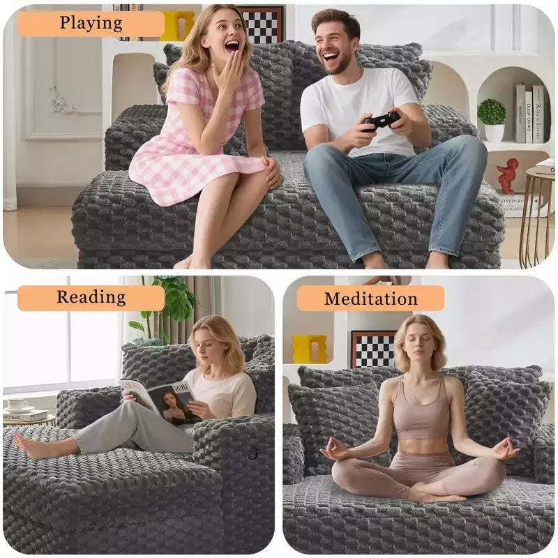 Oversized Chaise Lounge Chair, 60 Inch Upholstered Sofa Bed with Armrests and Throw Pillows, Cozy Reading Sleeper Chair for Living Room Bedroom