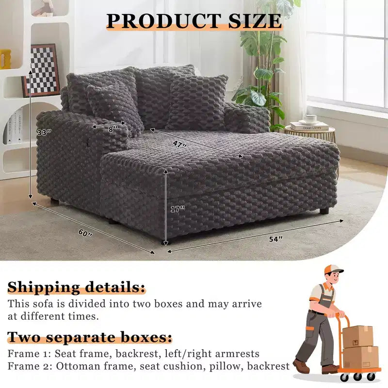 Oversized Chaise Lounge Chair, 60 Inch Upholstered Sofa Bed with Armrests and Throw Pillows, Cozy Reading Sleeper Chair for Living Room Bedroom