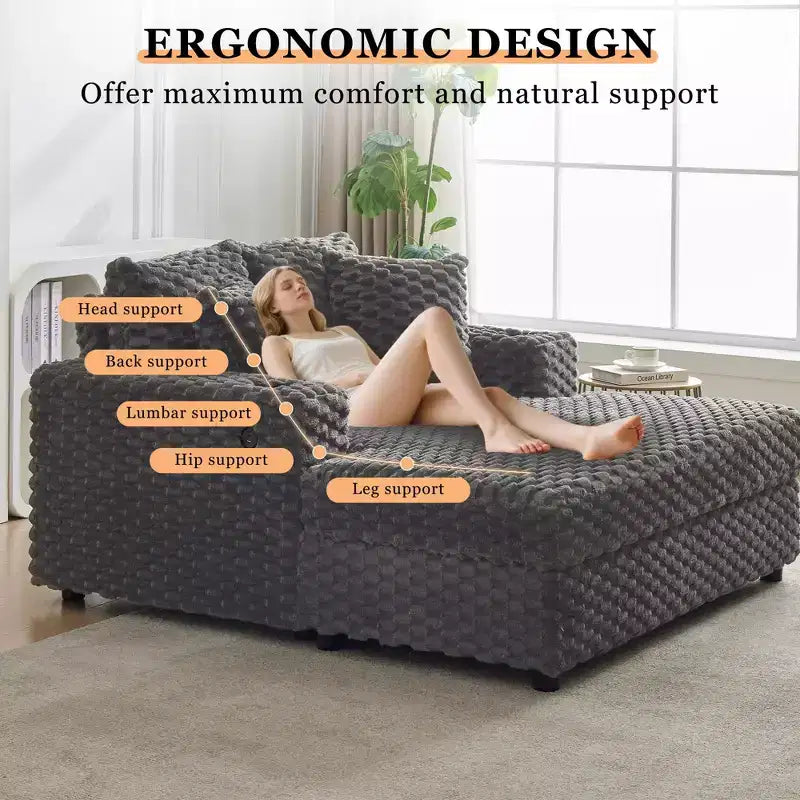 Oversized Chaise Lounge Chair, 60 Inch Upholstered Sofa Bed with Armrests and Throw Pillows, Cozy Reading Sleeper Chair for Living Room Bedroom