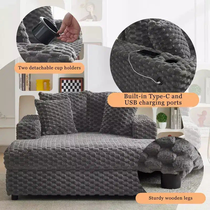 Oversized Chaise Lounge Chair, 60 Inch Upholstered Sofa Bed with Armrests and Throw Pillows, Cozy Reading Sleeper Chair for Living Room Bedroom
