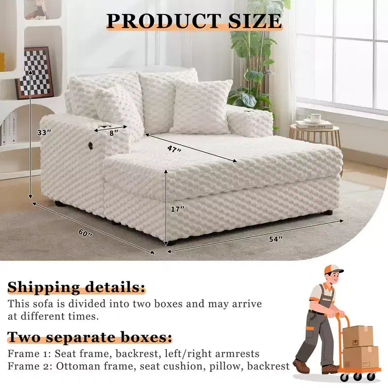 Oversized Chaise Lounge Chair, 60 Inch Upholstered Sofa Bed with Armrests and Throw Pillows, Cozy Reading Sleeper Chair for Living Room Bedroom