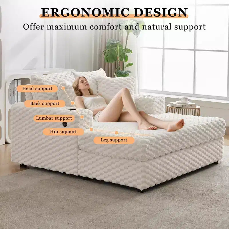 Oversized Chaise Lounge Chair, 60 Inch Upholstered Sofa Bed with Armrests and Throw Pillows, Cozy Reading Sleeper Chair for Living Room Bedroom