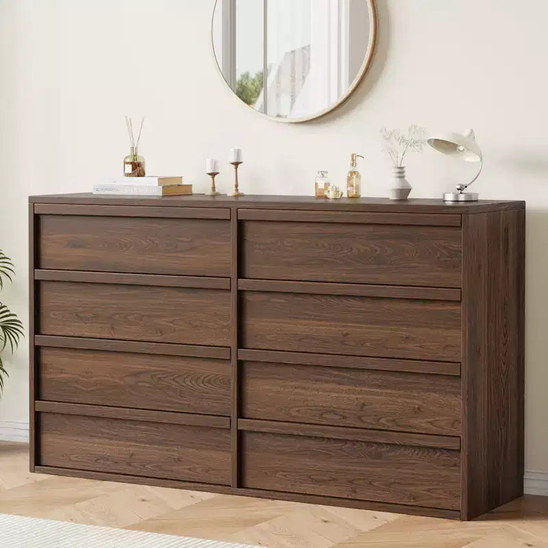 Walnut 8 Drawer Dresser for Bedroom, 54in Wide 8 Chest of Drawers with Handle-free Design, Modern Closet Organizer for Bedroom Living Room Nursery