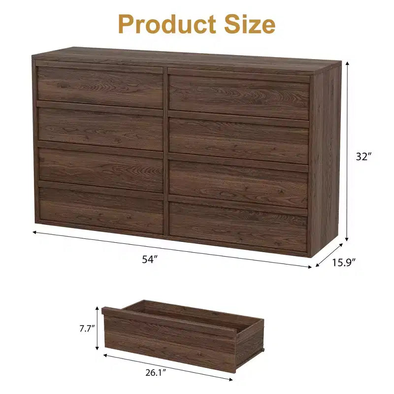 Walnut 8 Drawer Dresser for Bedroom, 54in Wide 8 Chest of Drawers with Handle-free Design, Modern Closet Organizer for Bedroom Living Room Nursery