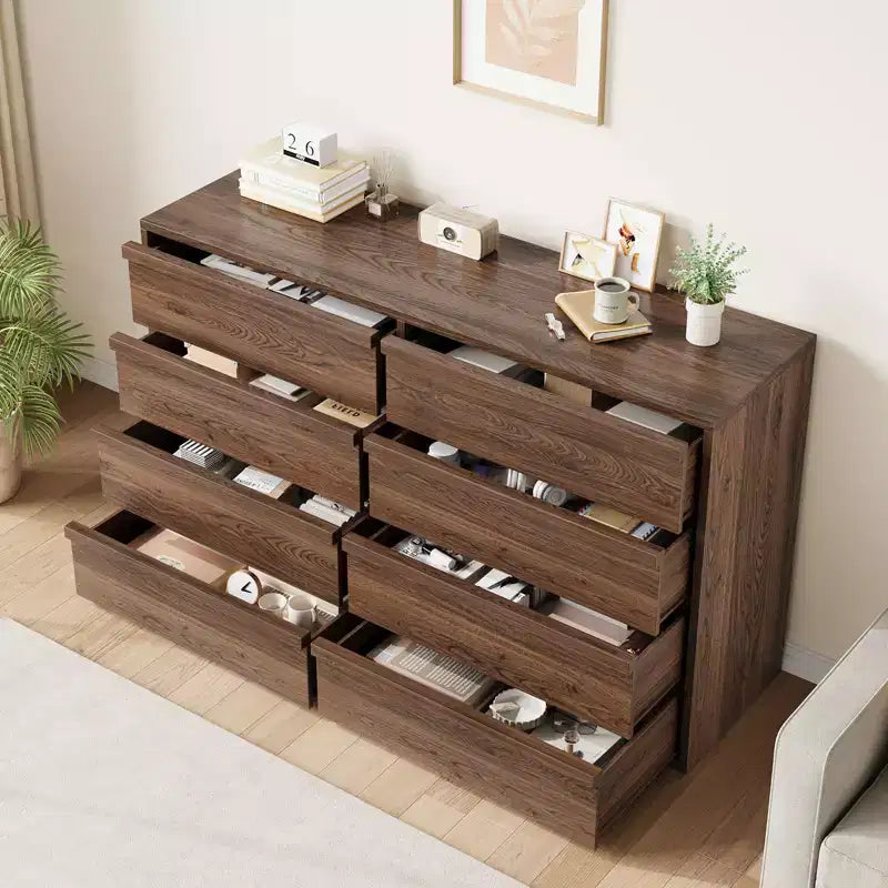 Walnut 8 Drawer Dresser for Bedroom, 54in Wide 8 Chest of Drawers with Handle-free Design, Modern Closet Organizer for Bedroom Living Room Nursery