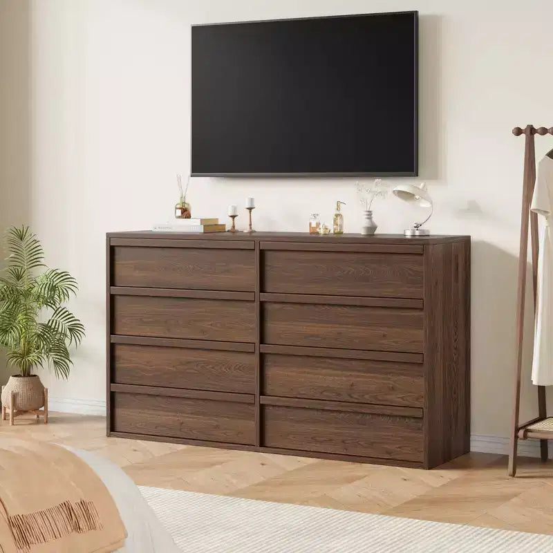Walnut 8 Drawer Dresser for Bedroom, 54in Wide 8 Chest of Drawers with Handle-free Design, Modern Closet Organizer for Bedroom Living Room Nursery